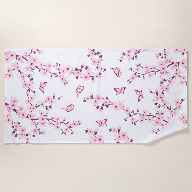 Floral Cherry Blossom Pink White Strandtuch (Vorderseite)