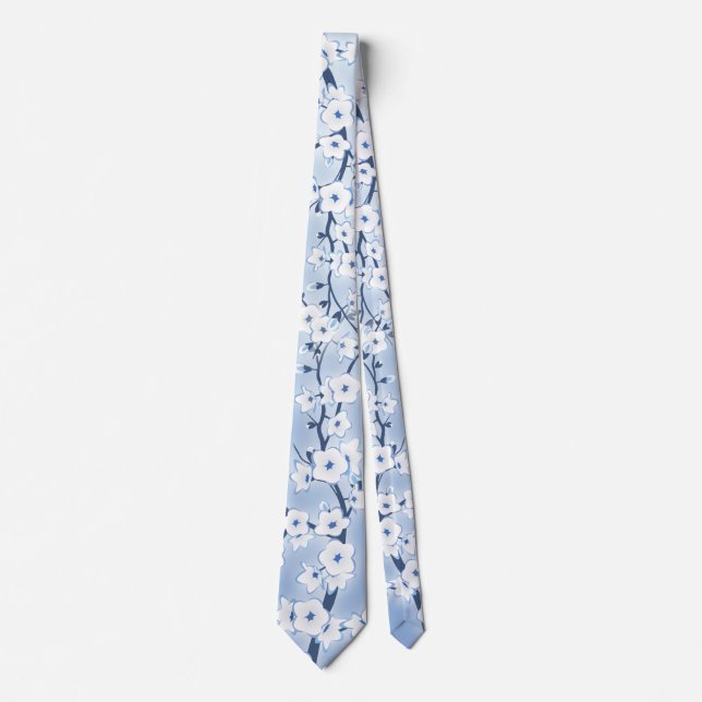 Floral Cherry Blossom White Blue Muster Krawatte (Vorderseite)