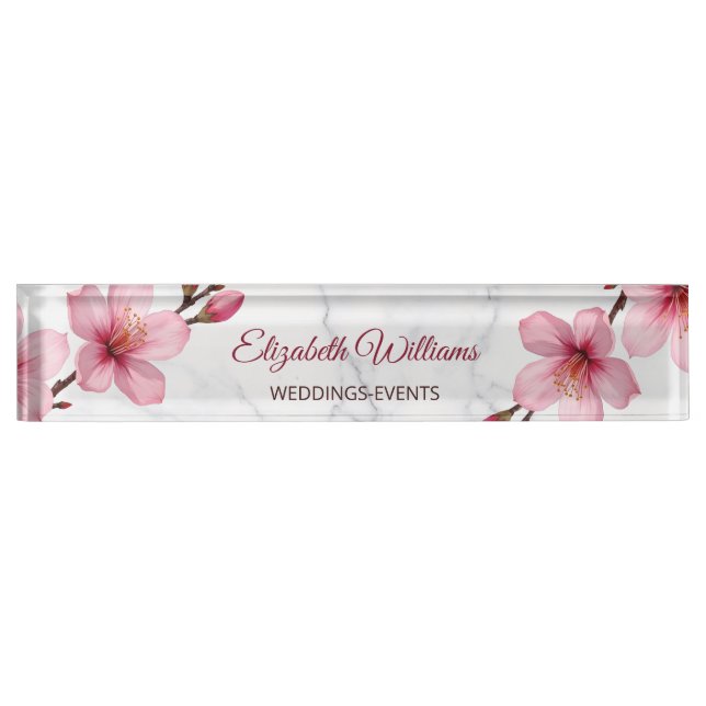 Floral Cherry Blossoms Pink Gray Marble Namensplakette (Vorderseite)