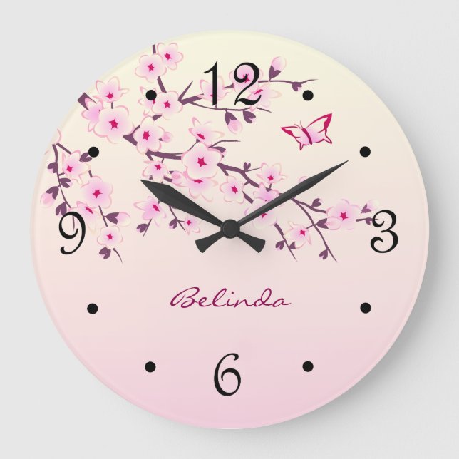 Floral Cherry Blossoms Pink  Monogram Große Wanduhr (Vorderseite)