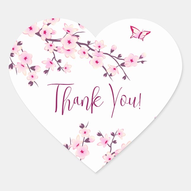 Floral Cherry Blossoms Pink White Thank You Herz-Aufkleber (Vorderseite)