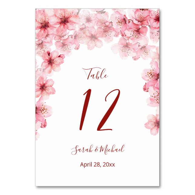 Floral Cherry Blossoms Pink White Wedding   Tischnummer (Vorderseite)