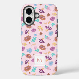 Floral Cheshire Cat Pattern Pink Monogramm iPhone 16 Hülle
