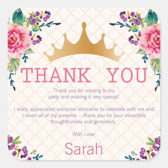 Floral Chic Birthday Danke Quadratischer Aufkleber (Vorderseite)