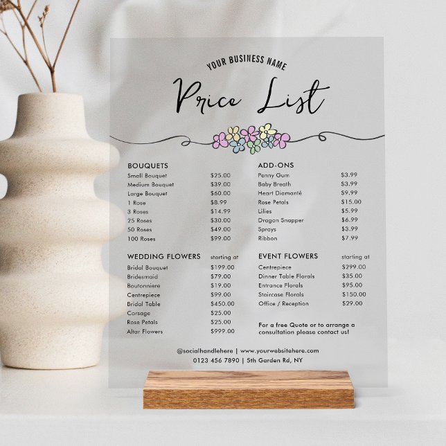 Floral Chic Boutique Business Price List Menu (Elegant acrylic business price list table top sign with transparent background and floral design)