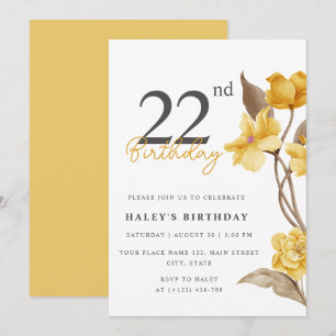 Floral Chic Elegant Einfaches Gelb 22. Geburtstag Einladung