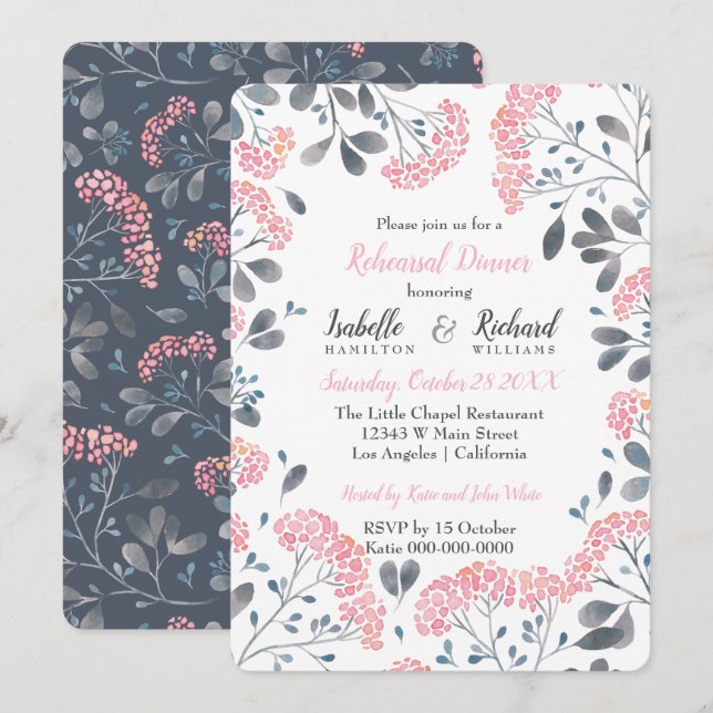 Floral chic grau pink Aquarell Probe Abendessen Einladung (Vorne/Hinten)