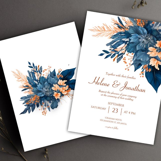 Floral Chic Indigo Rust Wedding Einladung (Floral Chic Indigo Rust Wedding Invitation)