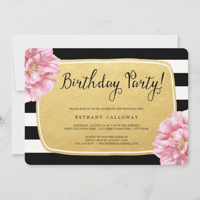 Floral Chic Invitation d'anniversaire / Faux Gold  (Devant)