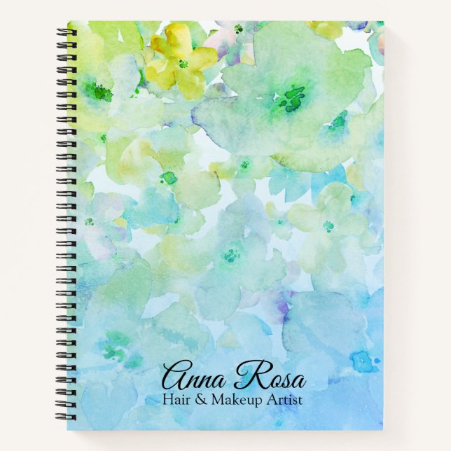 *~* Floral & Chic Türkis Pastell Wasserfarbe Notizbuch (Vorderseite)