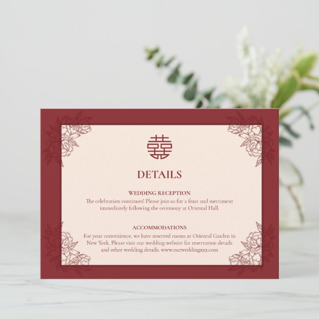 Floral chinois Détails du Mariage Carte de boîtier (Debout devant)