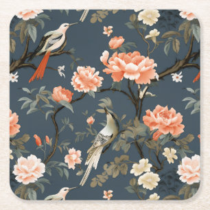 Floral Chinoiserie auf Denim Blue Rechteckiger Pappuntersetzer