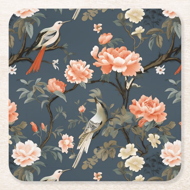 Floral Chinoiserie auf Denim Blue Rechteckiger Pappuntersetzer (Vorderseite)
