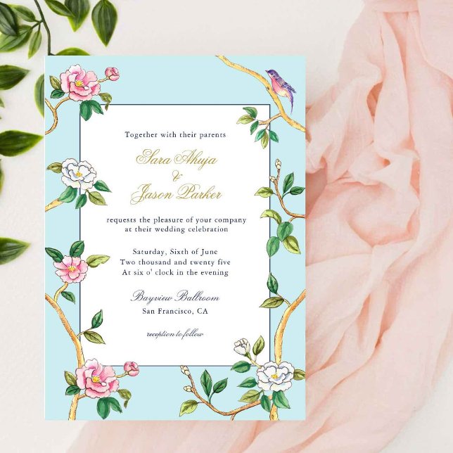 Floral Chinoiserie Blau & Weiß Hochzeit Einladung (Von Creator hochgeladen)