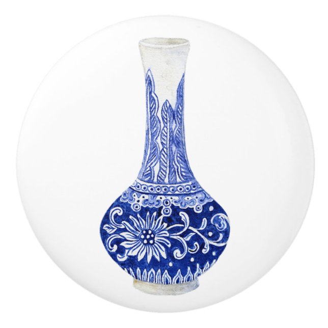Floral Chinoiserie Blue White Foliage Ginger Jar Keramikknauf (Vorderseite)