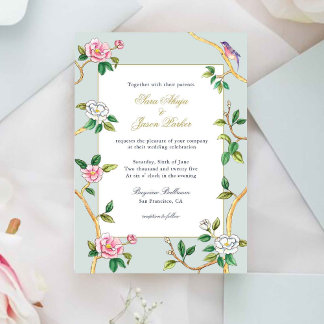 Floral Chinoiserie Gray Blue Hochzeit Einladung
