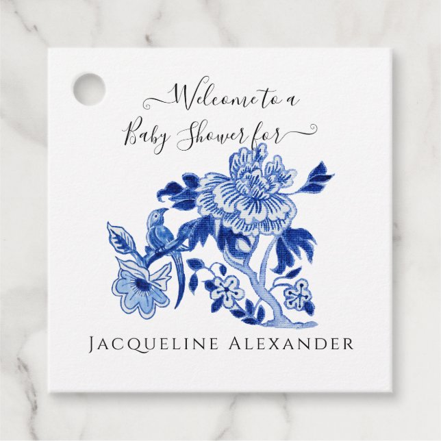 Floral Chinoiserie Navy Blue White Baby Dusche Fav Geschenkanhänger (Vorderseite)