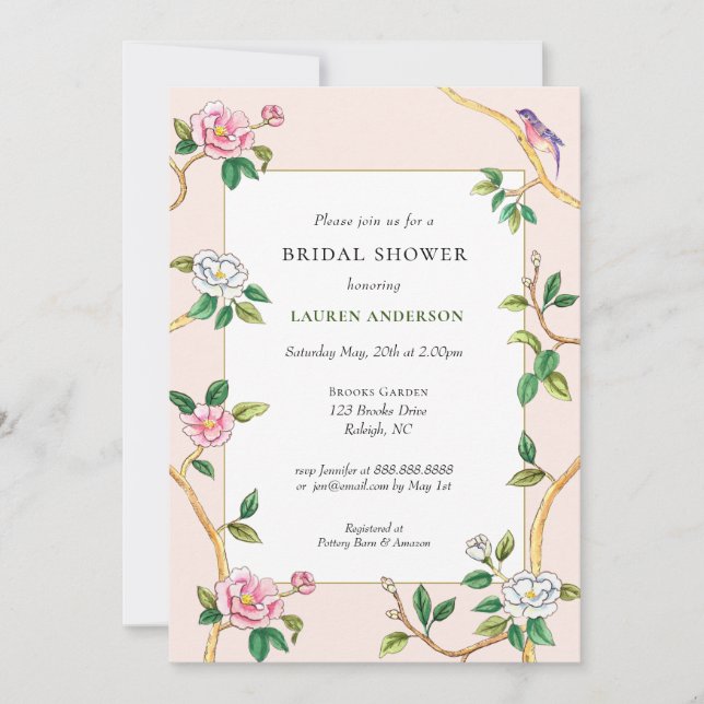 Floral Chinoiserie Pink Bridal Dusche Einladung (Vorderseite)
