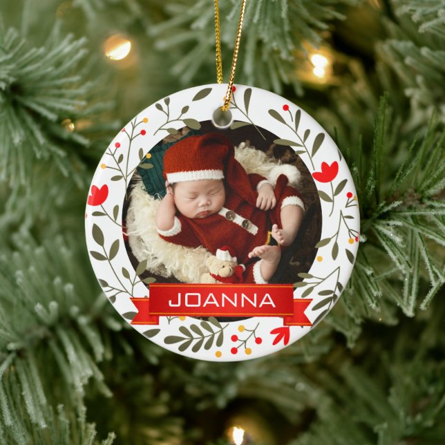 Floral Christmas Baby's First Christmas Photo Keramik Ornament (Baum)