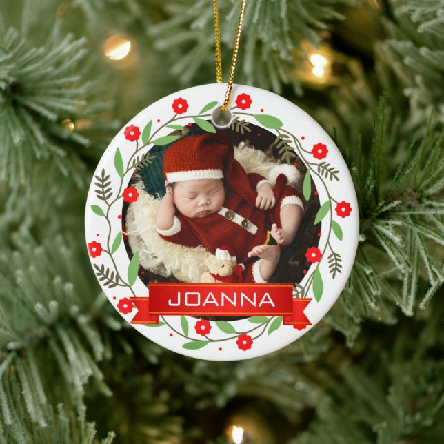 Floral Christmas Baby's First Christmas Photo Keramik Ornament (Baum)
