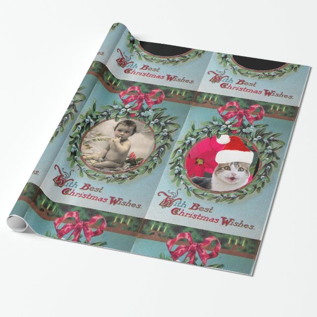 FLORAL CHRISTMAS CROWN, RED RIBBON FOTOVORLAGE GESCHENKPAPIER (Ungerollt)