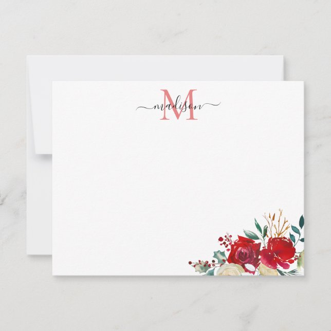 Floral Christmas Red Berries Holly Monogram Mitteilungskarte (Vorderseite)