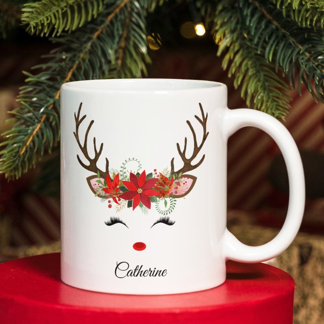 Floral Christmas Reindeer Personalisierter Name Jumbo-Tasse (Von Creator hochgeladen)