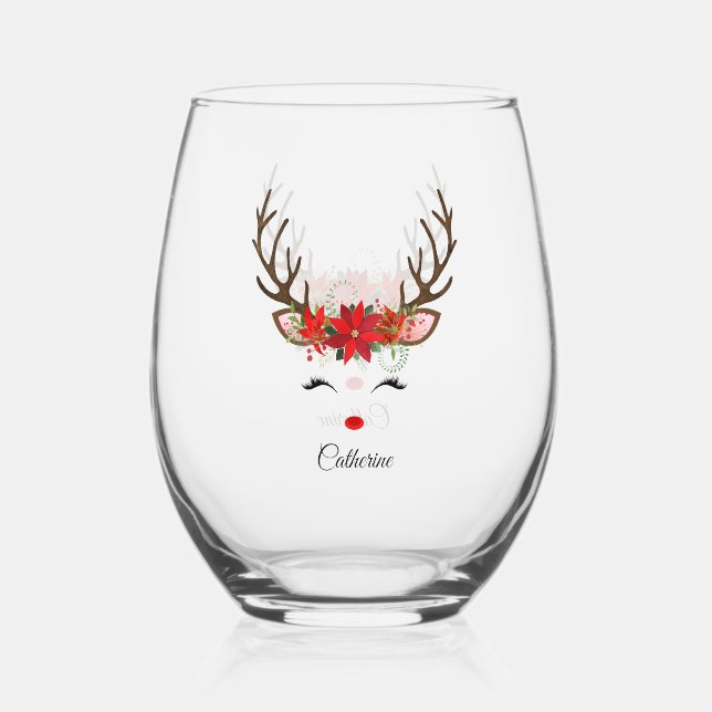 Floral Christmas Reindeer Personalisierter Name Weinglas Ohne Stiel (Vorderseite)