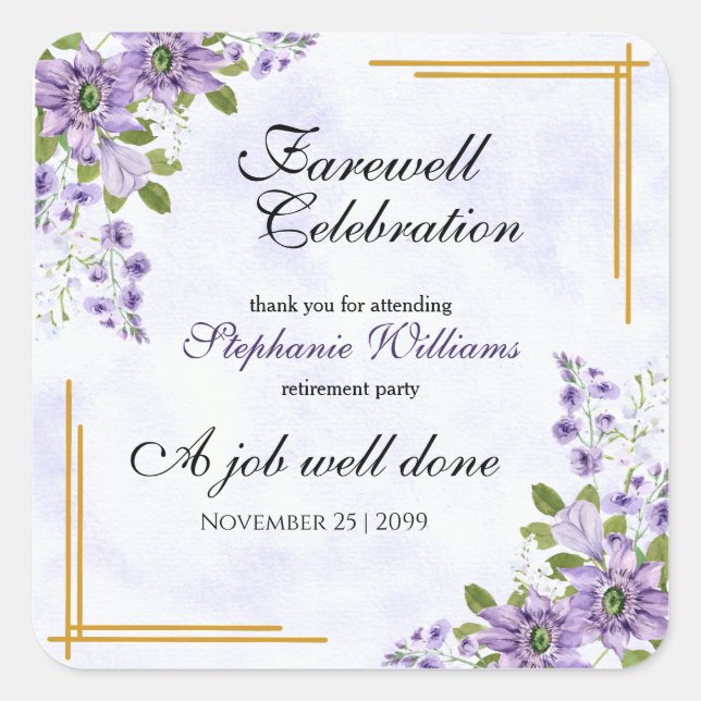 Floral Classic Elegantes Party Quadratischer Aufkleber (Vorderseite)