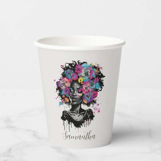 Floral Classy Afro Frau Pappbecher (Vorderseite)