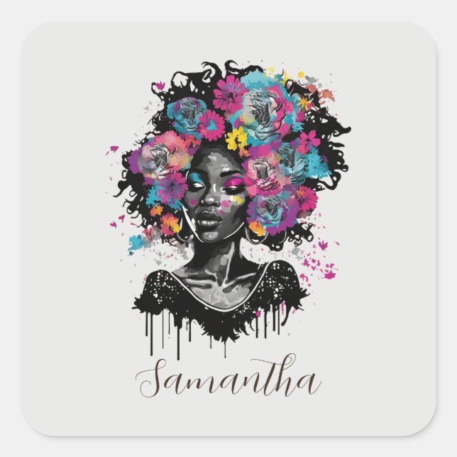 Floral Classy Afro Frau Quadratischer Aufkleber (Vorderseite)