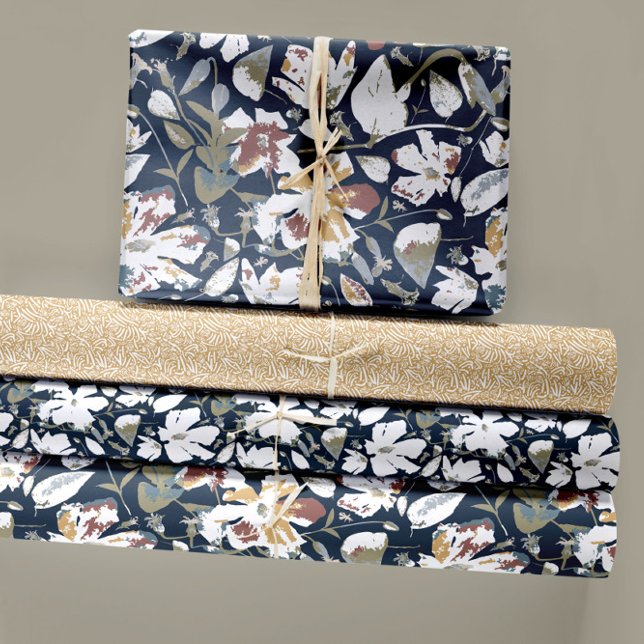 Floral Clematis Decoupage Geschenkpapier Set (Elegant Floral Trio Navy Rust Clematis Flowers Wrapping Paper Sheets by Studio Posies.)