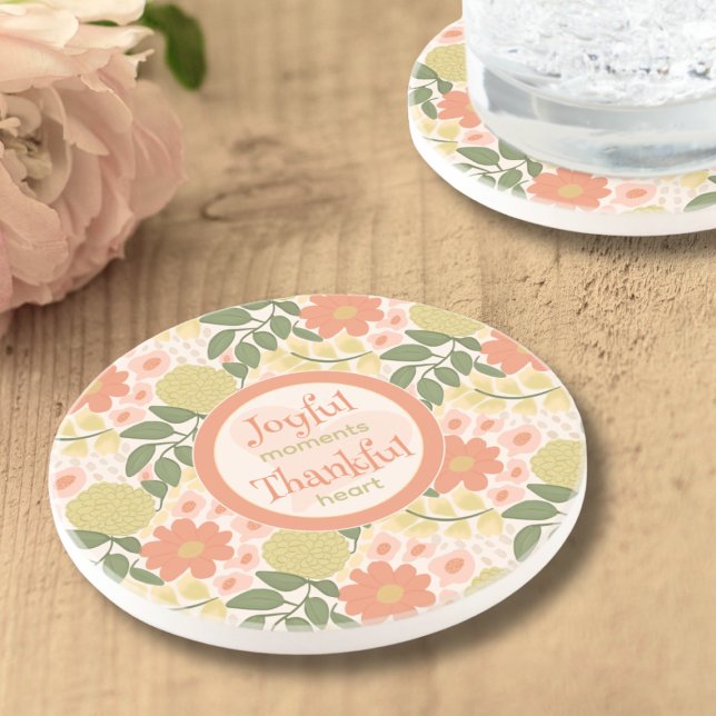 Floral Coaster Set – Gratitude-Inspired Home Decor Getränkeuntersetzer (Joyful & Thankful Round Sandstone Floral Coaster Set – Gratitude-Inspired Home Decor)