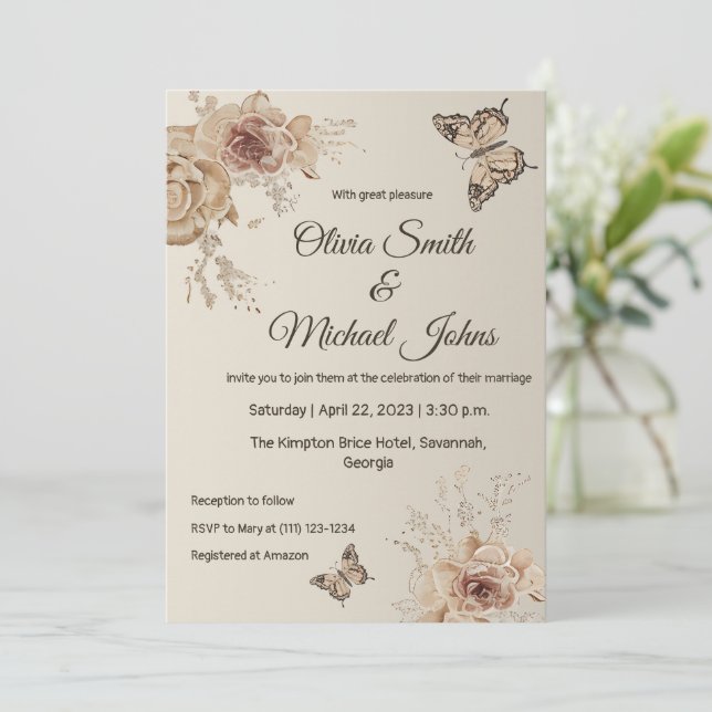 Floral Coffee Cream elegante Butterfly boho Hochze Einladung (Stehend Vorderseite)
