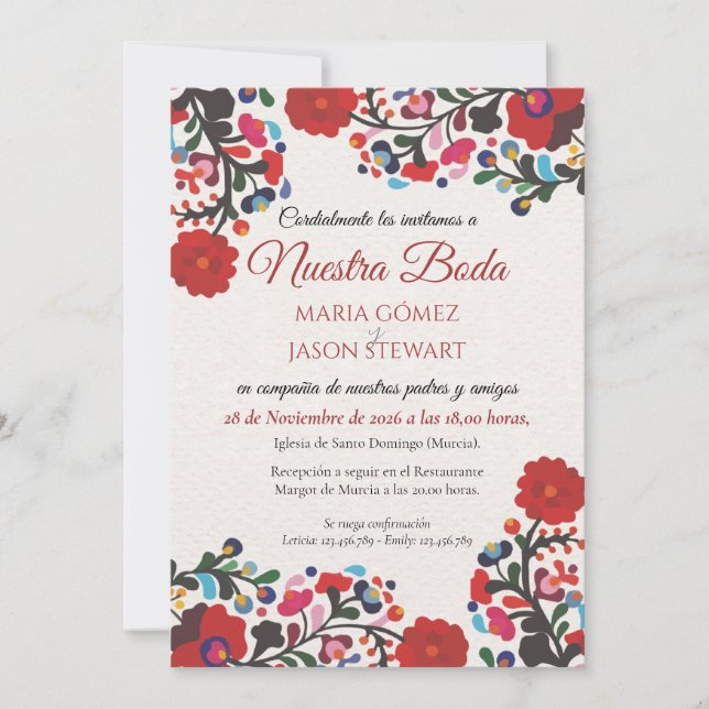 Floral Colorful Botanical Flowers Spanish Wedding Einladung (Vorderseite)