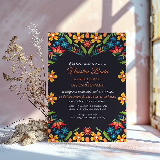 Floral Colorful Botanical Flowers Spanish Wedding Einladung (Floral Colorful Botanical Flowers Spanish Wedding Invitation)