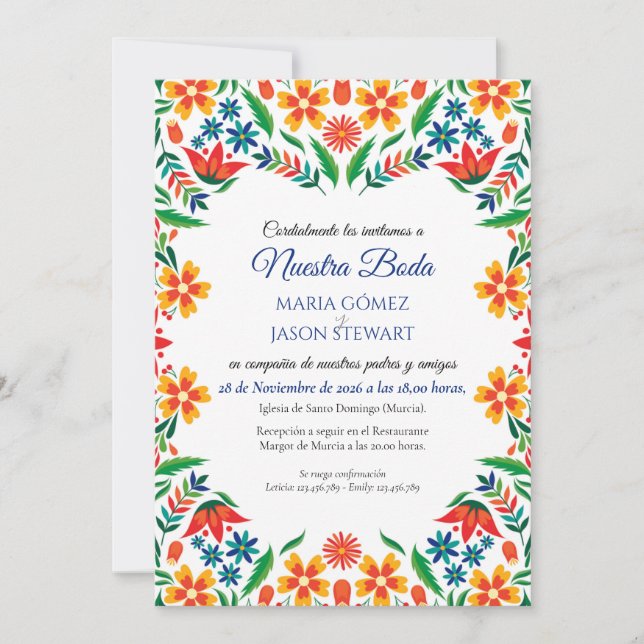 Floral Colorful Botanical Flowers Spanish Wedding Einladung (Vorderseite)