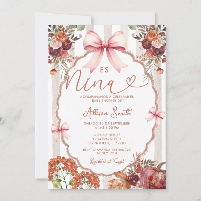 Floral coquette Es Nina Spanische Baby Dusche Einladung (Vorderseite)