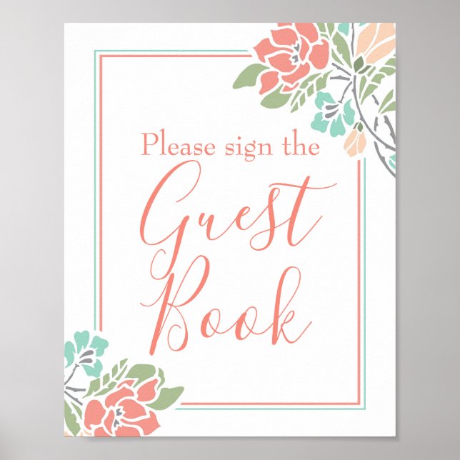 Floral Coral Aquamarin Brautparty Gästebuchsignatu Poster (Vorne)