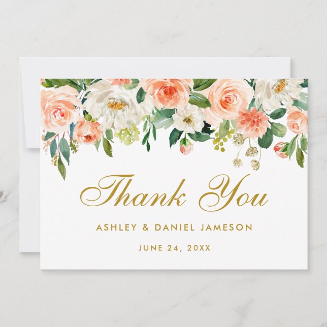 Floral Coral Gold Hochzeit Vielen Dank Dankeskarte (Vorderseite)