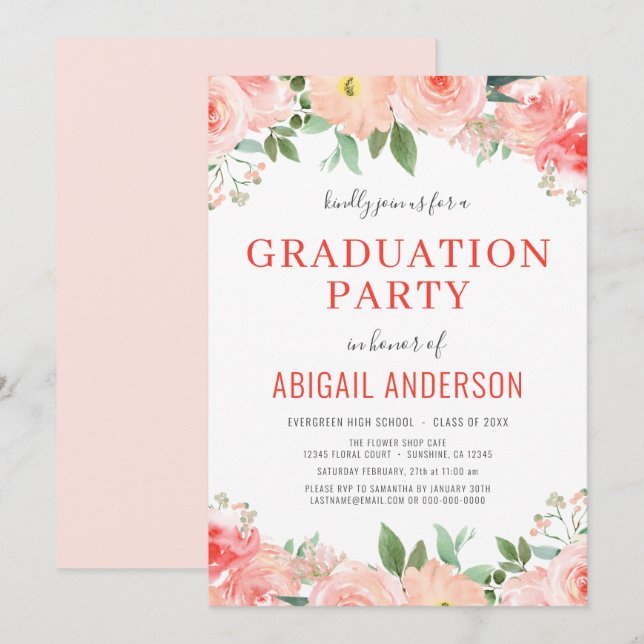 Floral Coral Peach 2023  Grad Party Invite Einladung (Vorne/Hinten)