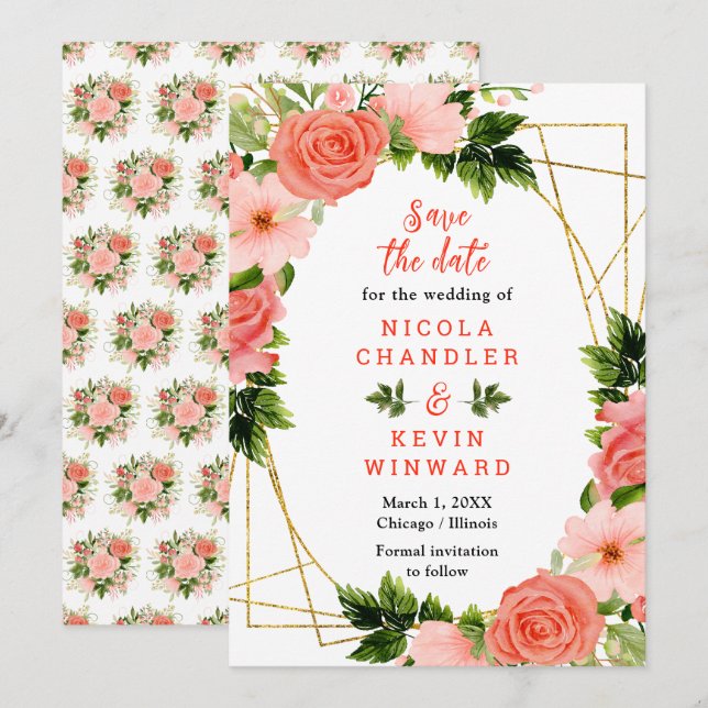 Floral Coral Red Roses Wedding Save The Date (Vorne/Hinten)