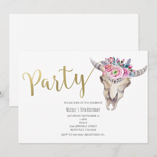 Floral Cow Skull Gold Boho Party Einladung (Vorne/Hinten)