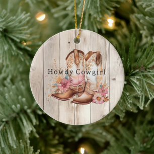 Floral Cowgirl Stiefel Elfenbeinkühe Imitate Holz  Keramik Ornament