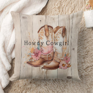 Floral Cowgirl Stiefel Elfenbeinkühe Imitate Holz Kissen