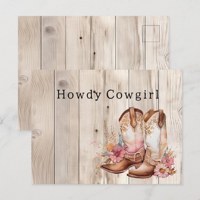 Floral Cowgirl Stiefel Elfenbeinkühe Imitate Holz  Postkarte (Vorne/Hinten)