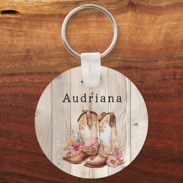 Floral Cowgirl Stiefel Elfenbeinkühe Imitate Holz  Schlüsselanhänger (Vorderseite)