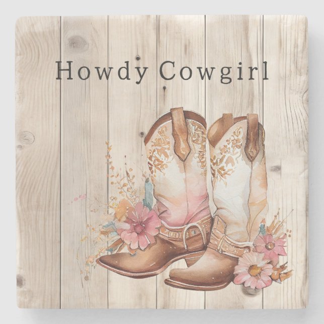 Floral Cowgirl Stiefel Elfenbeinkühe Imitate Holz  Steinuntersetzer (Vorderseite)