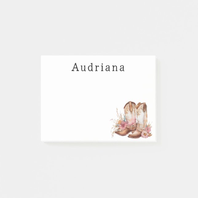 Floral Cowgirl Stiefel Personalisierter Name Post-it Klebezettel (Vorderseite)