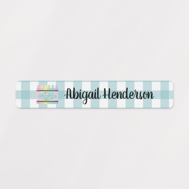Floral Crayon Aqua Blue Kariert Name Labels Etiketten (Design 1)